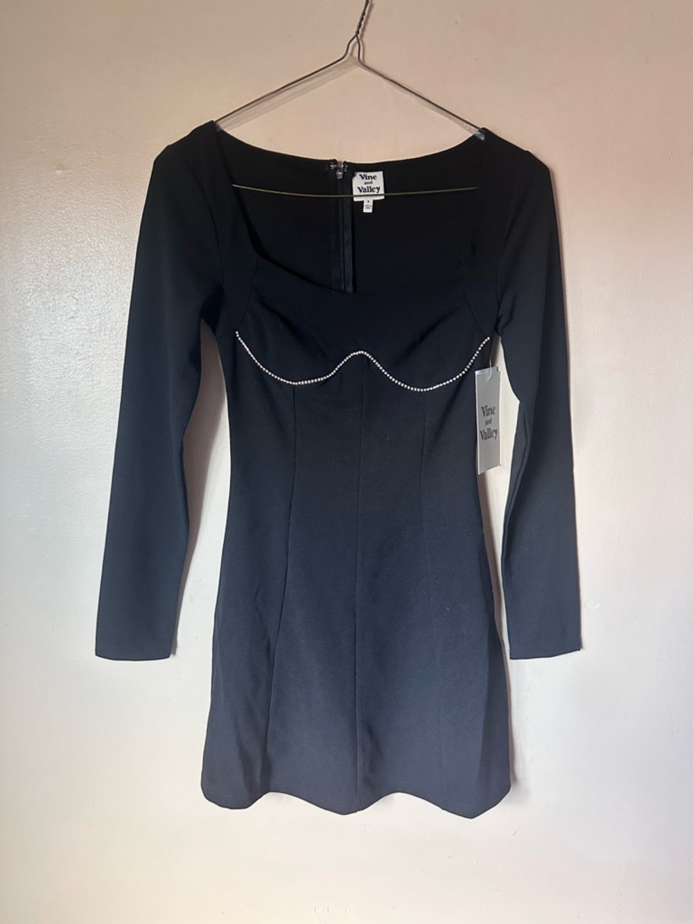 Vine & Valley Black Long-Sleeve Mini Dress with Rhinestone Trim